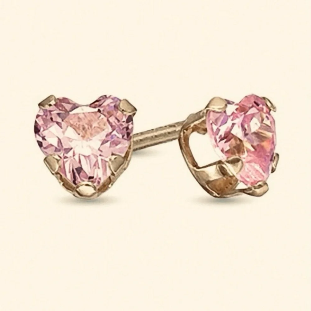 VINTAGE Heart-Shaped Pink Quartz Gem Stone Stud Earrings in Gold approx 1/4”